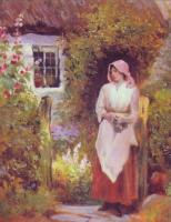 Unknown 2 - A cottage garden with hollyhocks